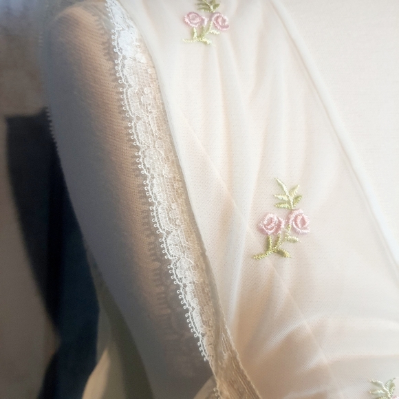 Vintage 80's Negligee Peignoir Sheer Chiffon Nightgown Petit Point White Wedding - Picture 6 of 11